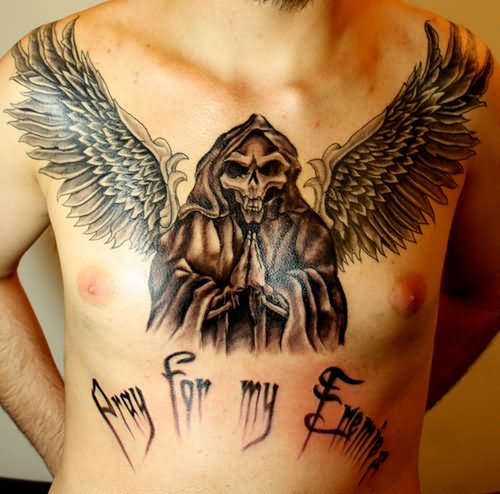 Black Ink Death Grim Reaper With Wings Tattoo On Man Chest