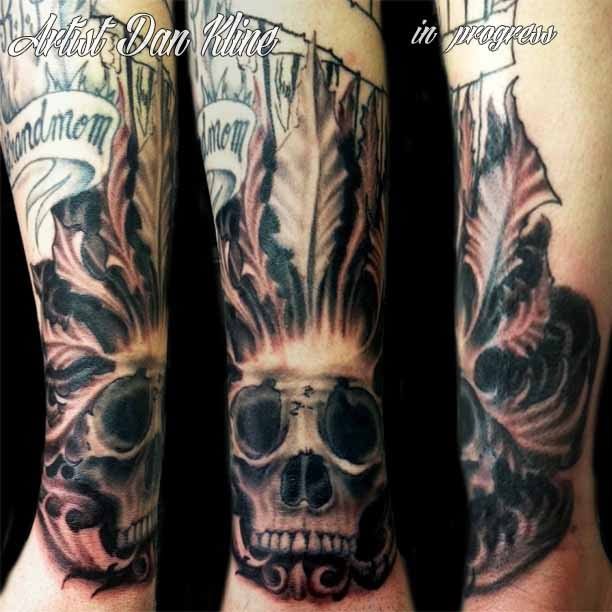 Black Ink Death Skull Tattoo Design For Arm
