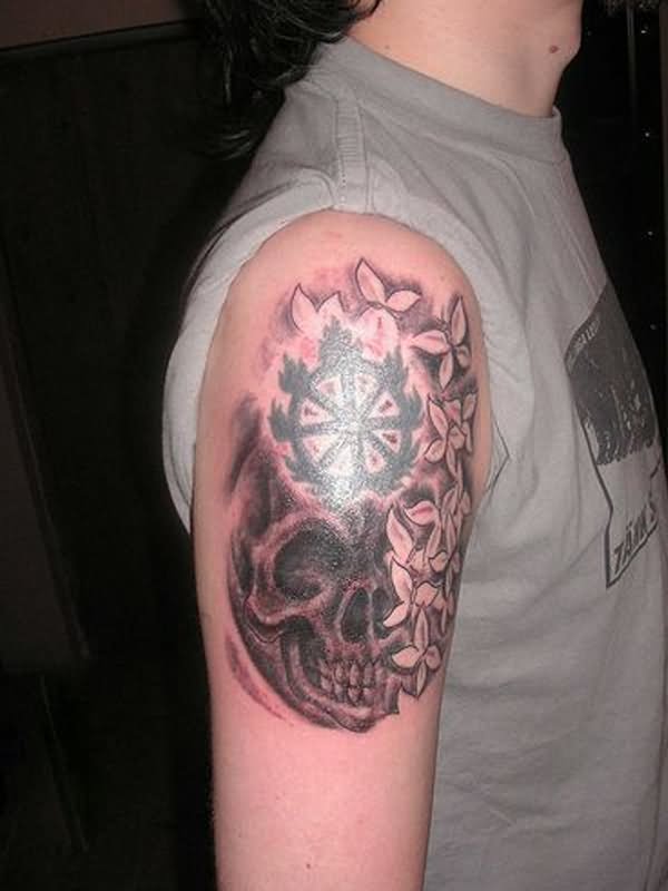 Black Ink Death Skull Tattoo On Man Right Shoulder