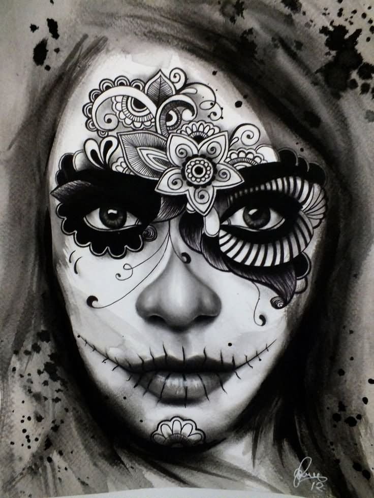 Black Ink Dia De Los Muertos Girl Face Tattoo Design