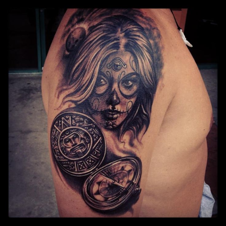 Black Ink Dia De Los Muertos Girl Face With Pocket Watch Tattoo On Right Half Sleeve