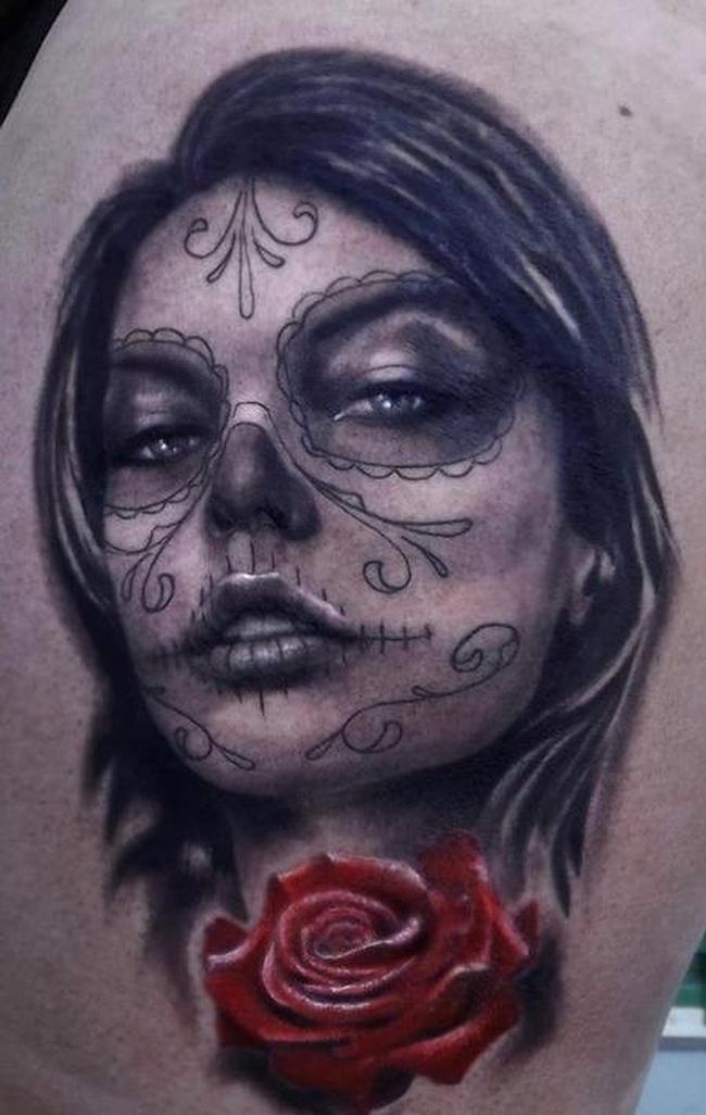 Black Ink Dia De Los Muertos Girl Face With Red Rose Tattoo Design