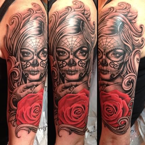 Black Ink Dia De Los Muertos Girl Face With Rose Tattoo On Half Sleeve