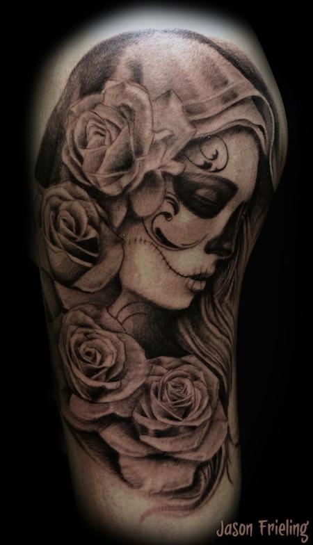 Black Ink Dia De Los Muertos Girl Face With Roses Tattoo Design For Half Sleeve