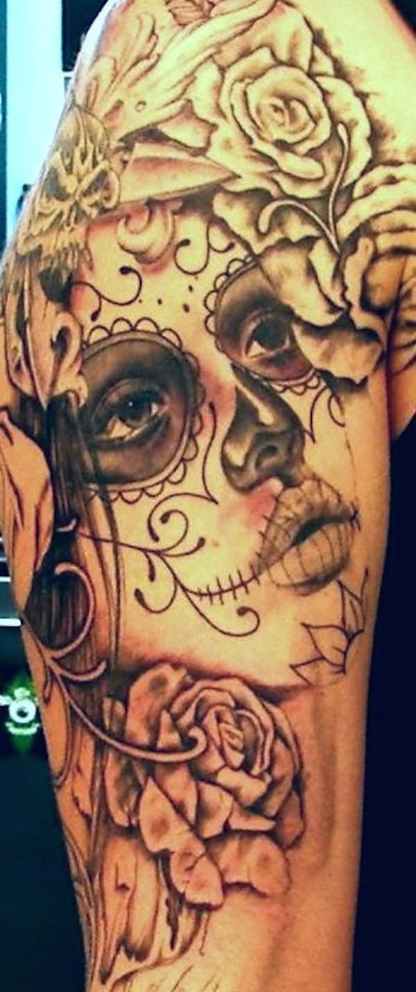 Black Ink Dia De Los Muertos Girl Face With Roses Tattoo On Half Sleeve