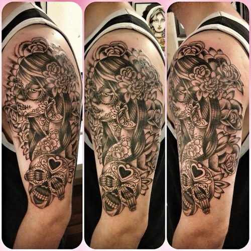 Black Ink Dia De Los Muertos Girl Face With Skull And Roses Tattoo On Left Half Sleeve