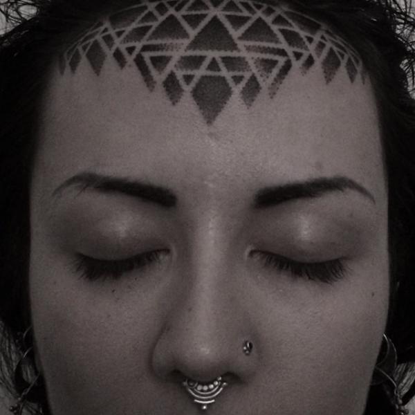 Black Ink Dotwork Tattoo On Forehead by Corey Divine