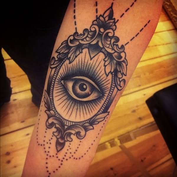 Black Ink Eye In Frame Tattoo Design For Forearm