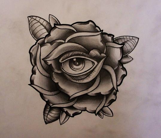 Black Ink Eye In Rose Tattoo Design