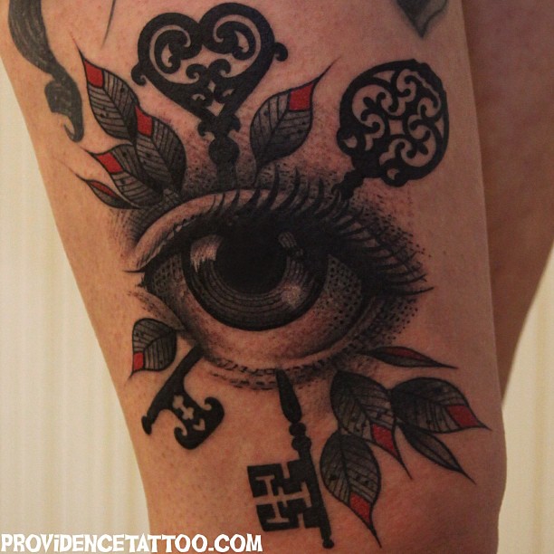 Black Ink Eye With Keys Tattoo Design For Thigh