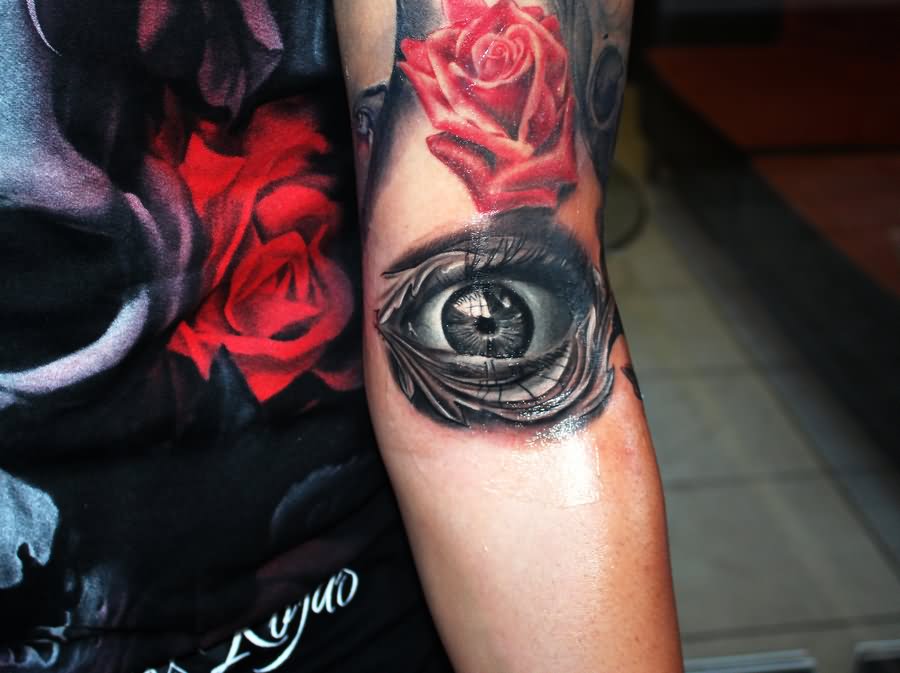 Black Ink Eye With Rose Tattoo Design For Half Sleeve
