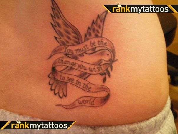 Black Ink Flying Bird And Ribbon With Words Tattoo Design For Lower Back