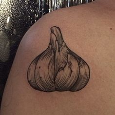 Black Ink Garlic Tattoo On Left Back Shoulder