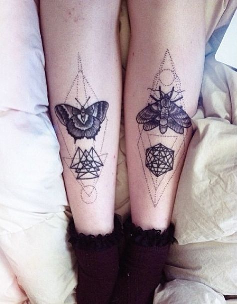 Black Ink Geometric Insect Tattoo On Both Leg