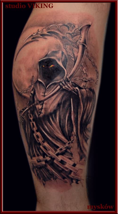 Black Ink Grim Reaper Death Tattoo Design For Leg By Slawomir Norbert Felix Myskow