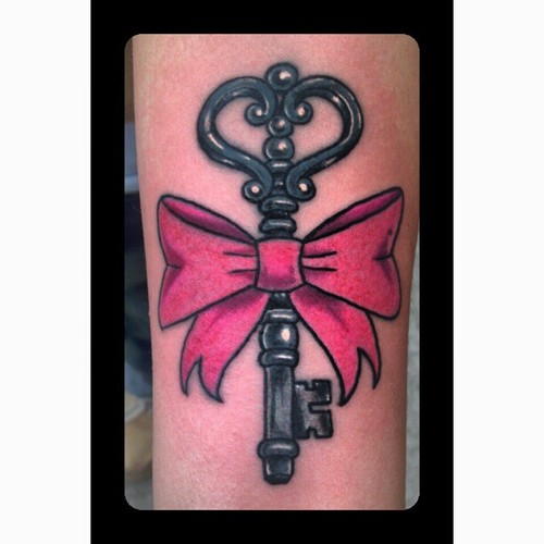 Black Ink Heart Key With Ribbon Bow Tattoo Design For Forearm