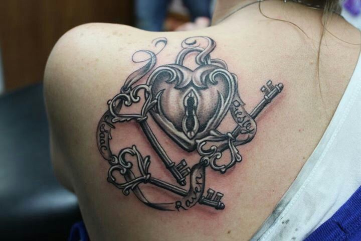 Black Ink Heart Lock And Key With Ribbon Tattoo On Left Back Shoulder
