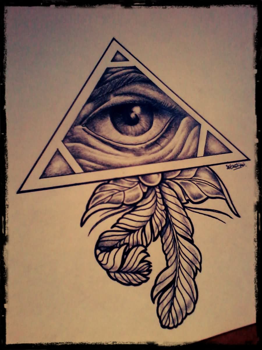 Black Ink Illuminati Eye With Feathers Tattoo Design
