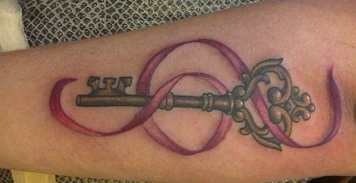 Black Ink Key With Pink Ribbon Tattoo Design For Half Sleeve