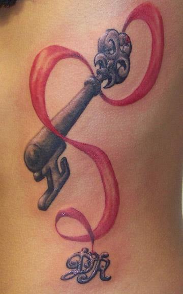 Black Ink Key With With Ribbon Tattoo Design
