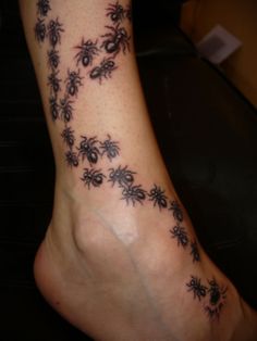 Black Ink Little Insects Tattoo On Leg