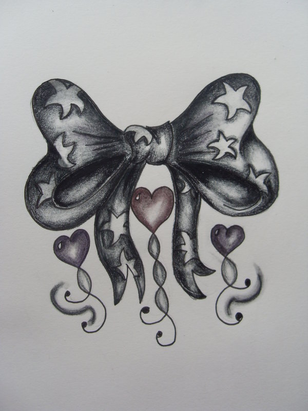 Black Ink Ribbon Bow With Hearts Tattoo Design