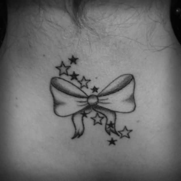 Black Ink Ribbon Bow With Stars Tattoo Design