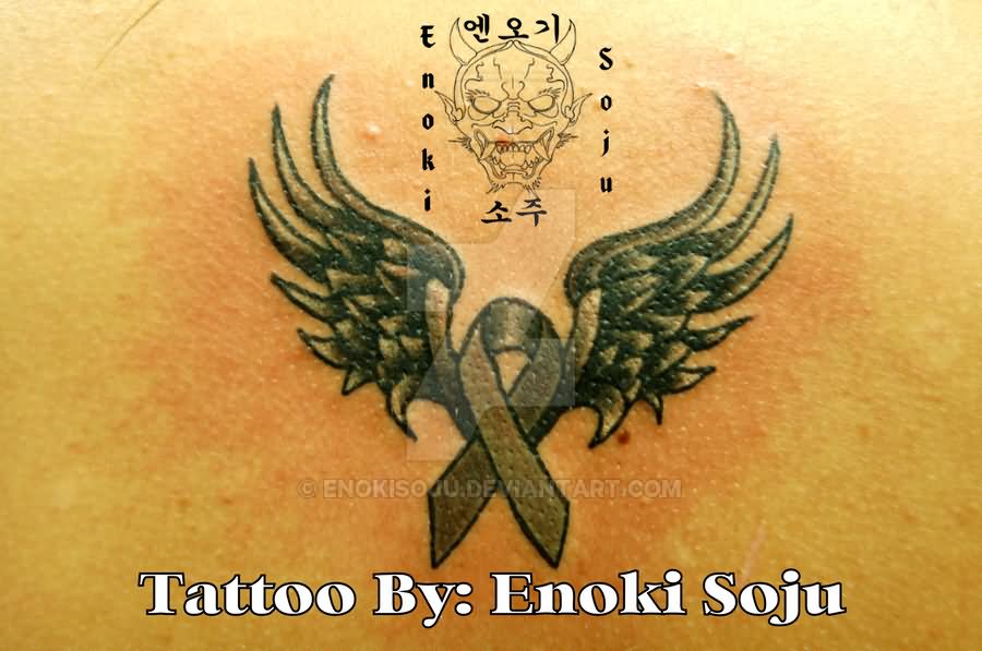 Black Ink Scroll Cancer Ribbon With Wings Tattoo Design By Enoki Soju