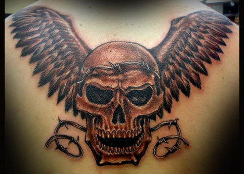 Black Ink Skull With Wings Tattoo Design For Upper Back