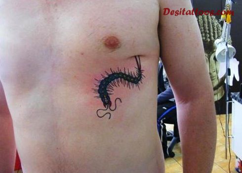 Black Insect Tattoo On Man Under Chest