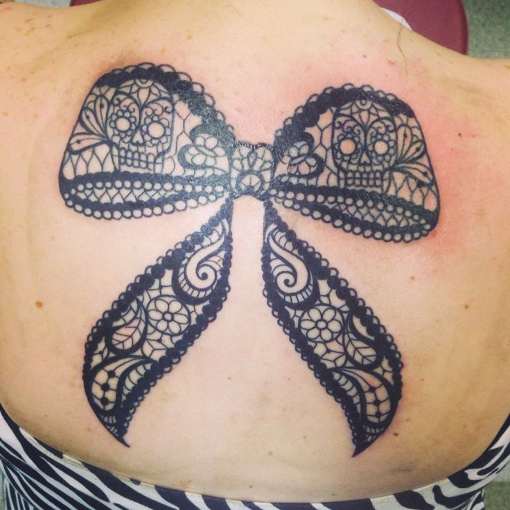 Black Lace Ribbon Bow Tattoo Design For Upper Back