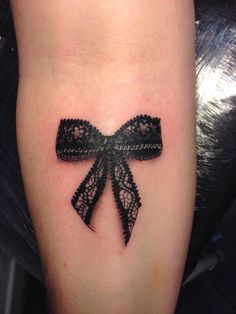 Black Lace Ribbon Bow Tattoo On Leg Calf By Dan Ball