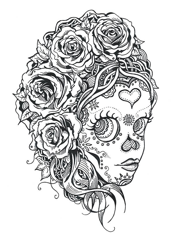 Black Outline Dia De Los Muertos Girl Face Tattoo Stencil
