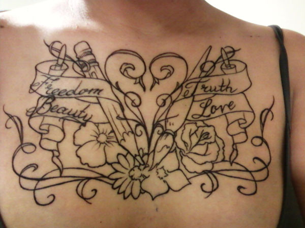 Black Outline Pencil With Banner And Flowers Tattoo On Chest