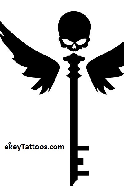 Black Skull Key With Wings Tattoo Stencil