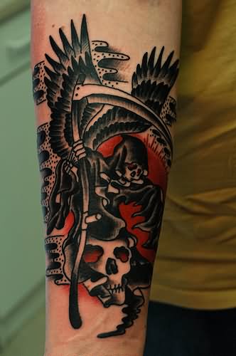 Black Traditional Death Grim Reaper With Skull Tattoo Design For Forearm