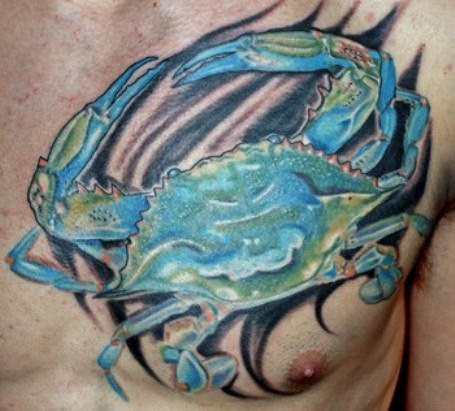 Black Tribal And Blue Crab Tattoo On Chest For Men
