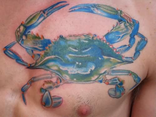 Blue And Green Ink Crab Tattoo On Chest For Men