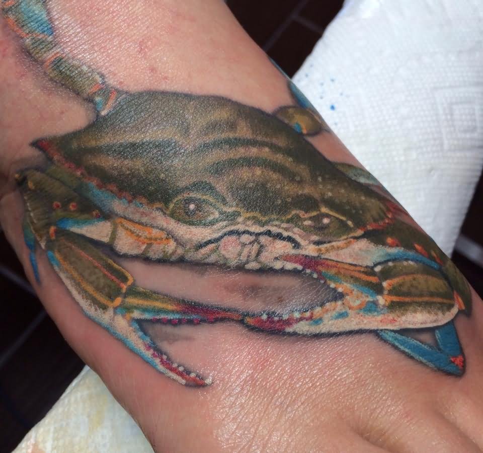 Blue And Grey Crab Tattoo On Right Foot