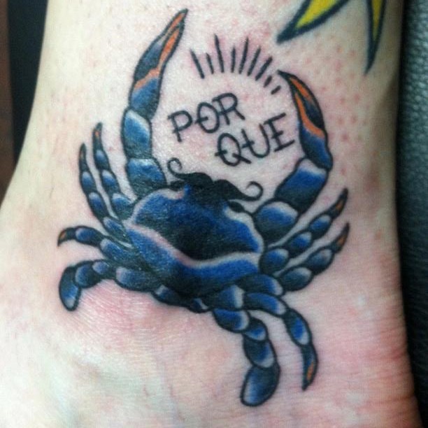 Blue Ink Crab Tattoo On Ankle