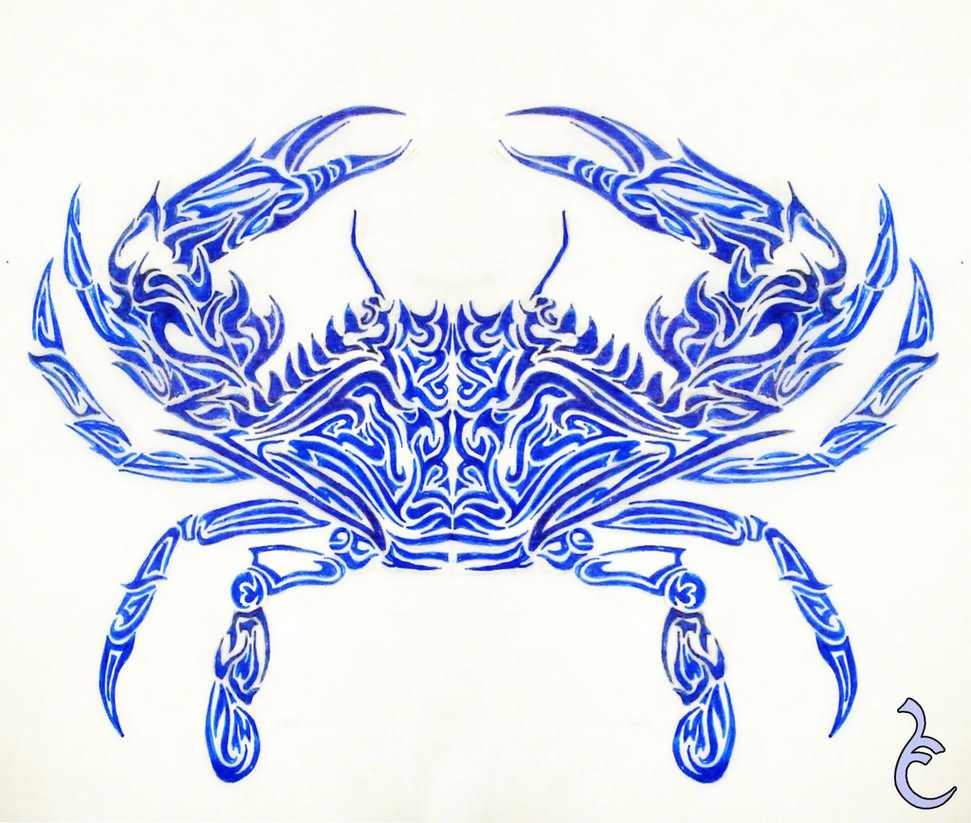 Blue Ink Tribal Crab Tattoo Design