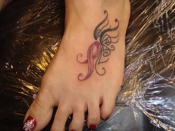 Cancer Ribbon Tattoo On Girl Foot