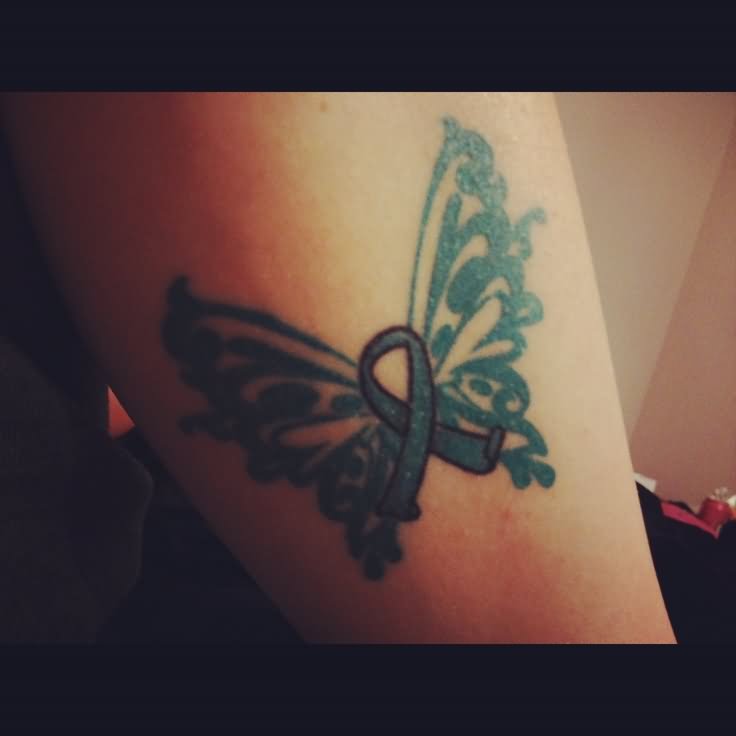 Cancer Ribbon With Butterfly Wings Tattoo Design Leg