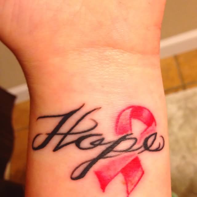 Cancer Ribbon With Hope Word Tattoo Design For Wrist
