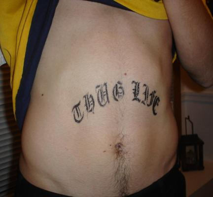 Classic Thug Life Lettering Tattoo On Stomach