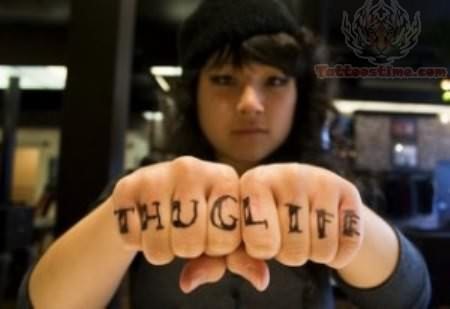 Classic Thug life Lettering Tattoo On Girl Both Hand Fingers