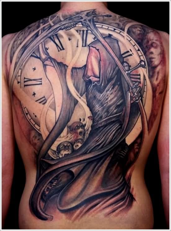 Clock With Death Grim Reaper Tattoo On Full Back