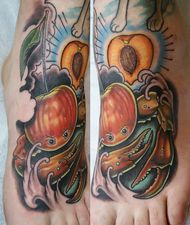 Color Apricot And Crab Tattoo On Foot