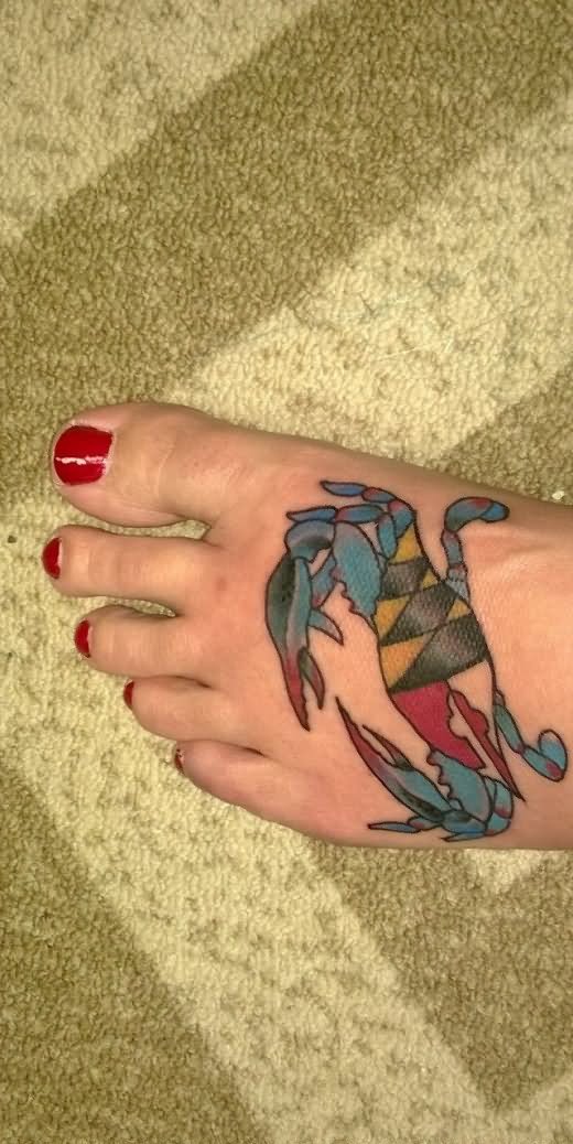 Color Ink Blue And Red Ink Crab Tattoo On Left Foot
