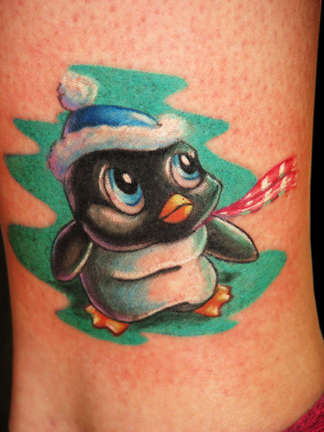Color Ink Chubby Penguin Tattoo On Leg